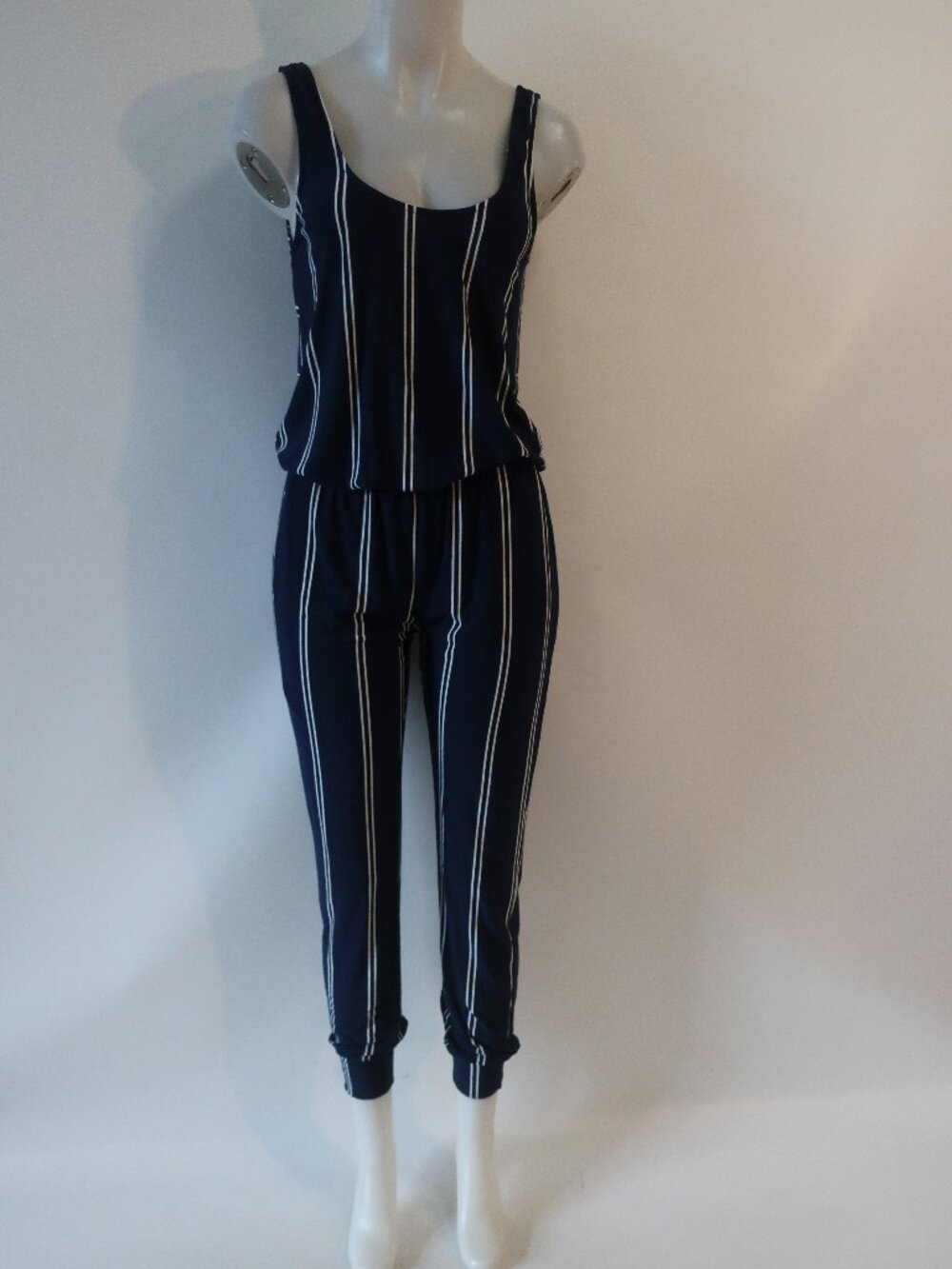 Womens Which We Want Navy Blue, White Striped Tank Jumpsuit M